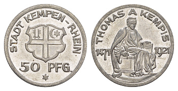 Кемпен-на-Рейне 50 пфеннигов 1921 Funck 241.1A, Men18 16174.1 железо UNC 4638-113