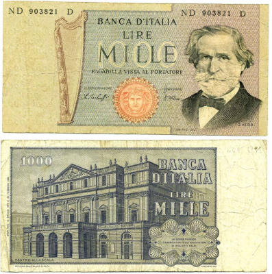 Италия 1000 лир 1979 Джузеппе Верди, Милан Ла Скала Pick 101f бумага 7553-15-1