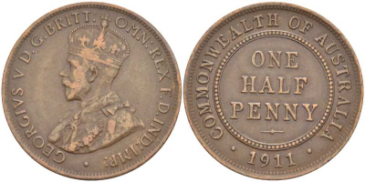АВСТРАЛИЯ 1/2 ПЕННИ 1911 L, ГЕОРГ V (1910-1936) KM 22 бронза 4514-615