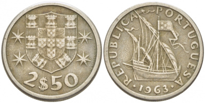 Португалия 2,5 эскудо 1963 парусник KM 590 медно-никель 3718-311