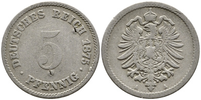 ГЕРМАНИЯ 5 ПФЕННИГОВ 1875 A, СТАРОГЕРБОВКА KM 3, J.3 медно-никель 4387-741