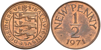 Гернси 1/2 пенни 1971 Елизавета II (1952-2022), герб KM 20 бронза UNC 4580-865