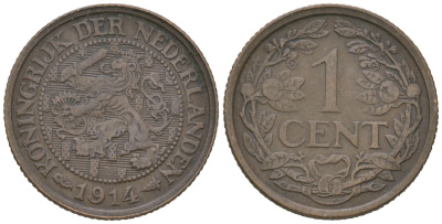 Нидерланды 1 цент 1914 Вильгельмина (1890-1948) KM 152 бронза 4152-146