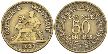 ФРАНЦИЯ 50 САНТИМОВ 1923 CHAMBRES DE COMMERCE KM 884, LE FRANC 191.6 алюминиевая бронза 201-852