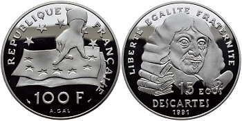 ФРАНЦИЯ 100 ФРАНКОВ = 15 ЭКЮ 1991 ДЕКАРТ KM 1002 серебро PROOF 02-035-32