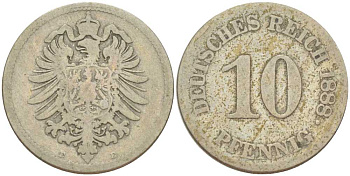 ГЕРМАНИЯ 10 ПФЕННИГОВ 1888 E, СТАРОГЕРБОВКА KM 4, J. 4, Weege 7 медно-никель 261-1227