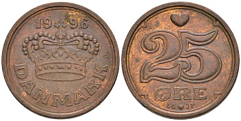 ДАНИЯ 25 ЭРЕ 1996 LG; JP; A, МАРГРЕТЕ II (1972-) KM 868.1 бронза 75-147