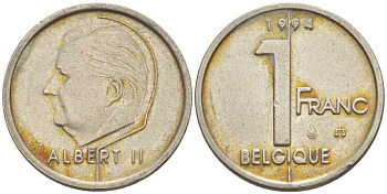 БЕЛЬГИЯ 1 ФРАНК 1994 BELGIQUE, АЛЬБЕРТ II (1993-) KM 187 железо плакированное никелем 3851-1155