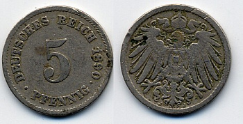 ГЕРМАНИЯ 5 ПФЕННИГОВ 1890 J, KM 11, J. 12 медно-никель 51-5056