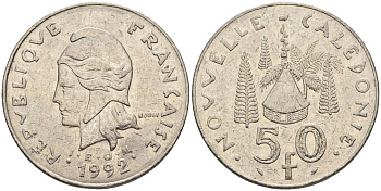 Французская Новая Каледония 50 франков 1992 хижина среди сосен и пальм, (IEOM) KM 13, Schoen 15, Lec 121 никель 4123-332