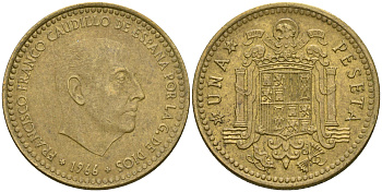 Испания 1 песета 1966 (74) Франсиско Франко (1939-1975) KM 796 алюминиевая бронза 4364-3619