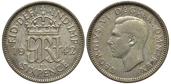 Великобритания 6 пенсов 1942 Георг VI (1936-1952) KM 852, Spink 4084 серебро 4538-515