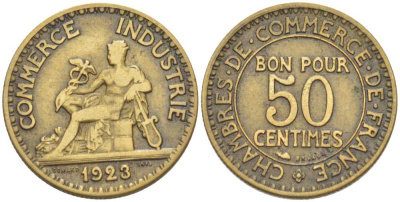 ФРАНЦИЯ 50 САНТИМОВ 1923 CHAMBRES DE COMMERCE KM 884, LE FRANC 191.6 алюминиевая бронза 201-852
