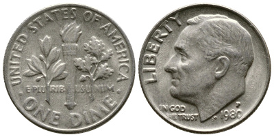 США 10 центов = дайм 1980 P, Рузвельт KM 195а медь плакированная медно-никелем 57-1216
