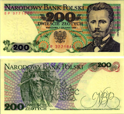 ПОЛЬША 200 ЗЛОТЫХ 1988 ЯРОСЛАВ ДОМБРОВСКИЙ Pick 144с бумага UNC (ПРЕСС) 6352-28-2-2