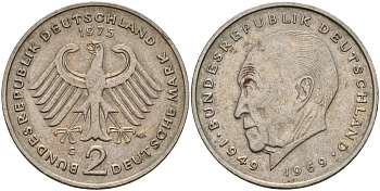 ФРГ 2 марки 1975 G, Конрад Аденауэр, 20 лет Федеративной Республике (1949-1969) KM 124, J. 406 медно-никель 4187-815