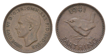 Великобритания 1 фартинг 1941 Георг VI (1936-1952) KM 843, Spink 4116 бронза 3457-1121