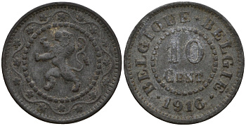 Бельгия 10 сантимов 1916 германская оккупация первая мировая война, Альберт I (1910-1934) KM 81 цинк 4543-616