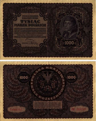 ПОЛЬША 1000 МАРОК 1919 23 АВГУСТА 1919, ТРЕТИЙ ВЫПУСК, ПОРТРЕТ КОСТЮШКО Pick 29 бумага VF-XF 8607-32-1