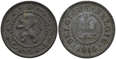 Бельгия 10 сантимов 1916 германская оккупация первая мировая война, Альберт I (1910-1934) KM 81 цинк 4543-616