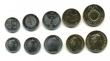 Соломоновы Острова лот из 5 монет 2012 (10, 20, 50 центов, 1, 2 доллара) KM 235, 236, 237, 238, 239 сталь плакированная никелем, алюминиевая бронза UNC N1-35