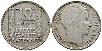 Франция 10 франков 1934 Пьер Тюрен KM 878, Le Franc 360.7 серебро 177-253