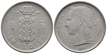 Бельгия 1 франк 1952 Belgie, Бодуэн I (1951-1993) KM 143.1 медно-никель 4382-1152