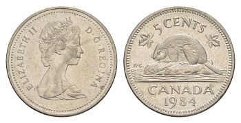 Канада 5 центов 1984 Елизавета II (1952-2022), бобр KM 60.2a медно-никель 4630-733