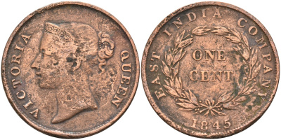 Стрейтс-Сетлментс 1 цент 1845 Виктория (1837-1901), Ост-Индская компания KM 3 медь 4590-131