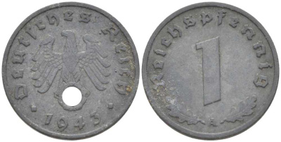 ГЕРМАНИЯ 1 РЕЙХСПФЕННИГ 1943 A KM 97, J. 369 цинк 211-554