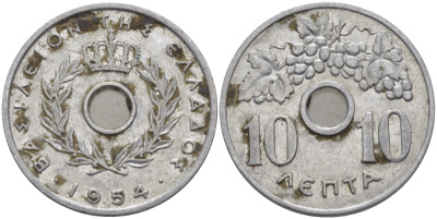 Греция 10 лепта 1954 Павел I (1947-1964), виноградная лоза KM 78 алюминий 28-213