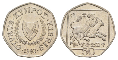 Кипр 50 центов 1993 похищение Европы KM 66 медно-никель UNC 4652-416