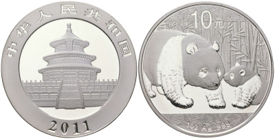 Китай 10 юаней 2011 панда с детенышем KM 1980 серебро BUNC 1080-4-43