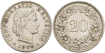 ШВЕЙЦАРИЯ 20 РАППЕНОВ 1909 В KM 29 никель 4513-246