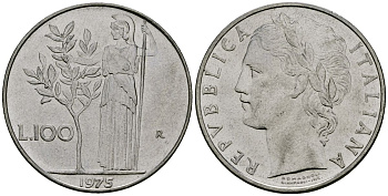 Италия 100 лир 1975 R, Афина у оливкого дерева KM 96.1 нержавеющая сталь 4137-225