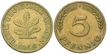 ФРГ 5 пфеннигов 1949 F KM 102, J. 377 сталь плакированная латунью 4164-526