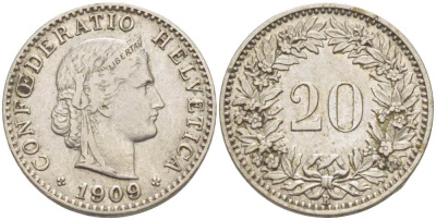 ШВЕЙЦАРИЯ 20 РАППЕНОВ 1909 В KM 29 никель 4513-246
