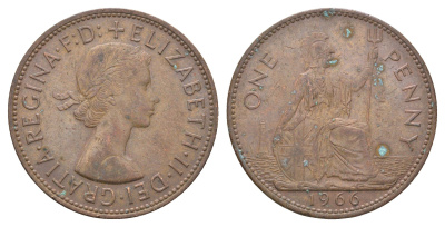 Великобритания 1 пенни 1966 Елизавета II (1952-2022) KM 897, Spink 4157 бронза 4661-933