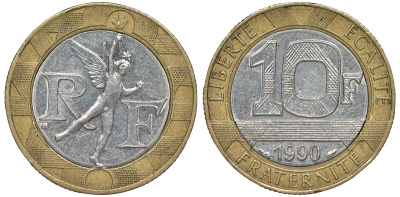 Франция 10 франков 1990 тип Гений Бастилии KM 964.1, Le Frank 375.5 биметалл 45-733