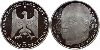 ФРГ 5 МАРОК 1978 D, 100 ЛЕТ СО ДНЯ РОЖДЕНИЯ ГУСТАВА ШТРЕЗЕМАНА KM 147, J. 422 серебро PROOF 1520-1333