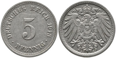 ГЕРМАНИЯ 5 ПФЕННИГОВ 1913 А, KM 11, J. 12 медно-никель 96-622