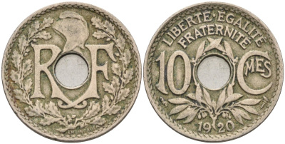 Франция 10 сантимов 1920 KM 866а, Le Franc 138.4 медно-никель 4591-1046