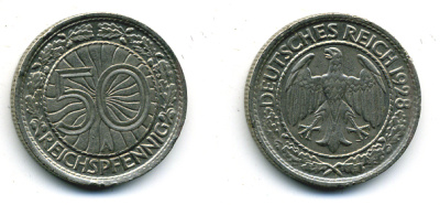 Германия 50 рейхспфеннигов 1928 A KM 49, J.324 никель 58-356