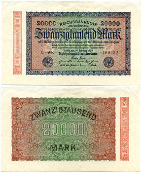 ГЕРМАНИЯ 20000 МАРОК 1923 20 ФЕВРАЛЯ 1923, ВОДЯНОЙ ЗНАК L Pick 85a бумага 6289-43-3-1