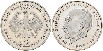 ФРГ 2 марки 1972 J, Конрад Аденауэр J 406, KM 124 медно-никель плакированный никелем  PROOF  4155-154