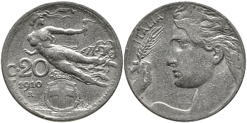 Италия 20 чентезимо 1910 R, Виктор Эммануил III (1900-1946) KM 44 никель 4175-727