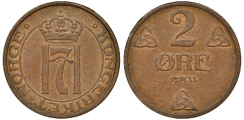 Норвегия 2 эре 1935 Хокон VII (1905-1957) KM 371 бронза 62-615