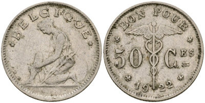 Бельгия 50 сантимов 1922 Belgique, Альберт I (1910-1934) KM 87 никель 73-127