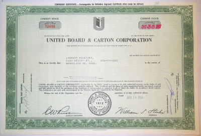 США, United Board & Carton Corporation 38 акций 1966 бумага 00-00