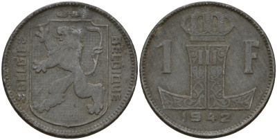 Бельгия 1 франк 1942 Belgique - Belgie, Леопольд III (1934-1947), германская оккупация, Вторая мировая война KM 127 цинк 4161-444